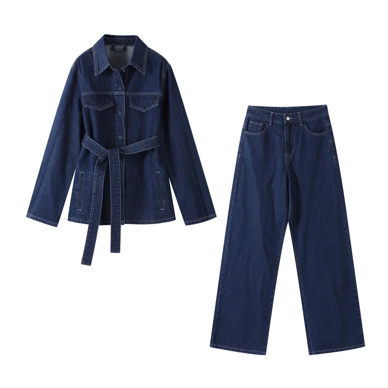 Zweiteiliges Denim-Set mit einreihigem Mantel und Jeans mit weitem Bein